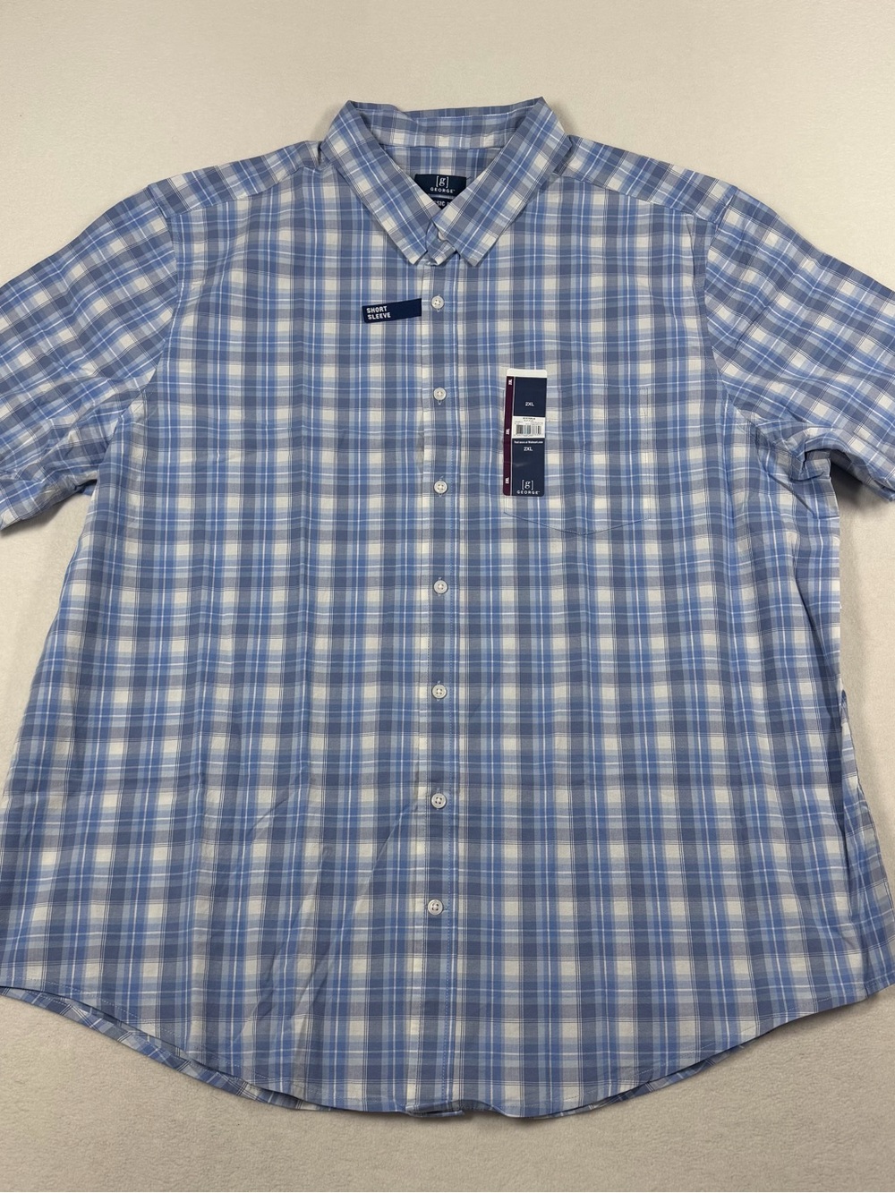 George Blue and White Plaid Short-Sleeve Button-Down Shirt NWT Size 2XL